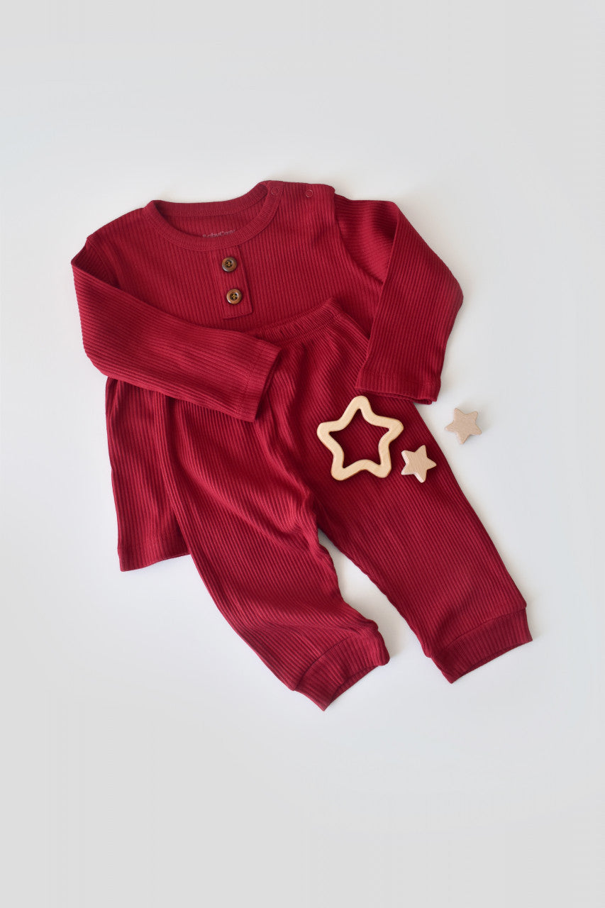 Set bluzita cu maneca lunga si panataloni lungi din bumbac organic si modal - Rosu