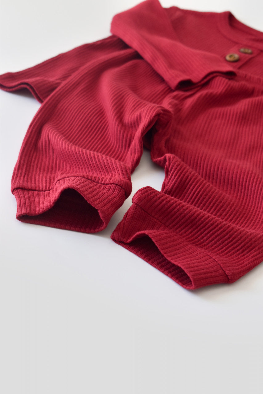 Set bluzita cu maneca lunga si panataloni lungi din bumbac organic si modal - Rosu