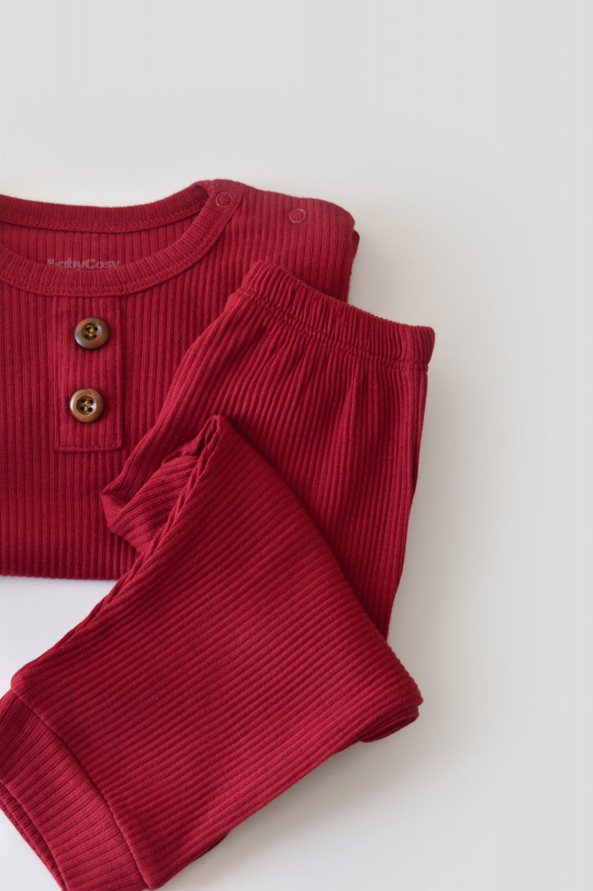 Set bluzita cu maneca lunga si panataloni lungi din bumbac organic si modal - Rosu