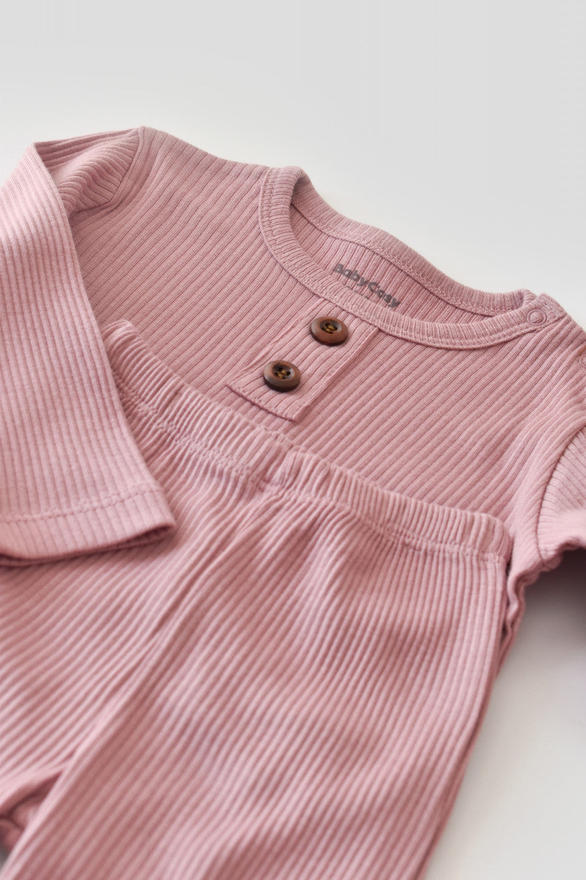 Set bluzita cu maneca lunga si panataloni lungi din bumbac organic si modal - Roz