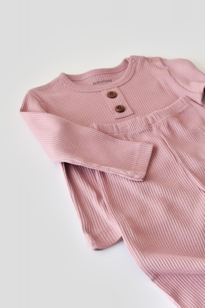 Set bluzita cu maneca lunga si panataloni lungi din bumbac organic si modal - Roz