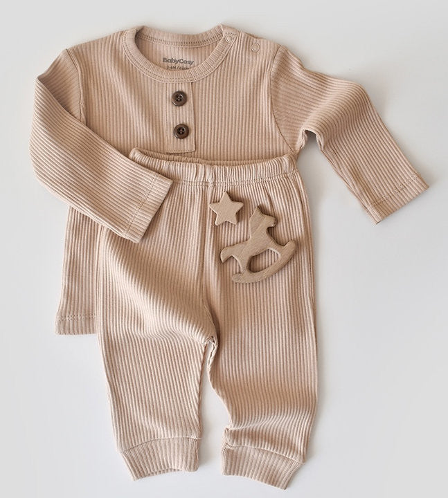 Set bluzita cu maneca lunga si panataloni lungi din bumbac organic si modal - Blush