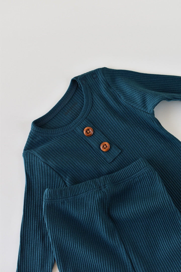 Set bluzita cu maneca lunga si panataloni lungi din bumbac organic si modal - Bleumarin
