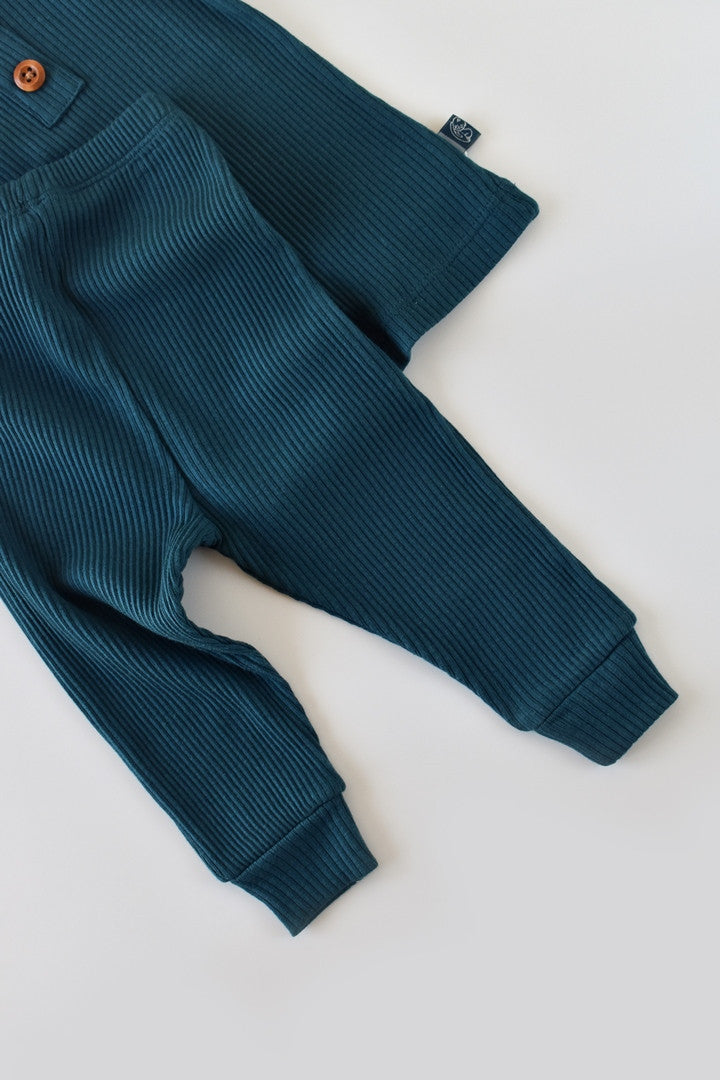 Set bluzita cu maneca lunga si panataloni lungi din bumbac organic si modal - Bleumarin