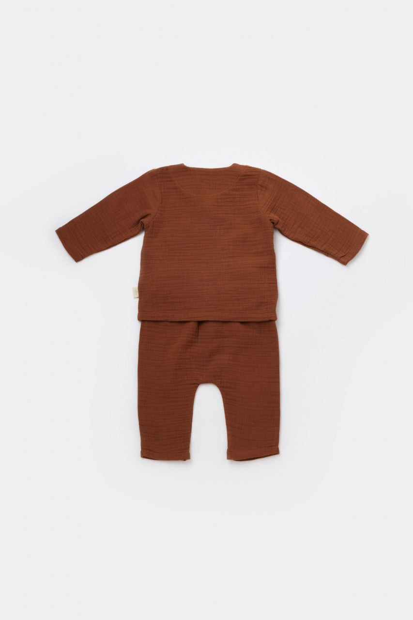 Set bluzita petrecuta si panataloni lungi din muselina, Baby Cosy, 100% bumbac organic, Caramiziu