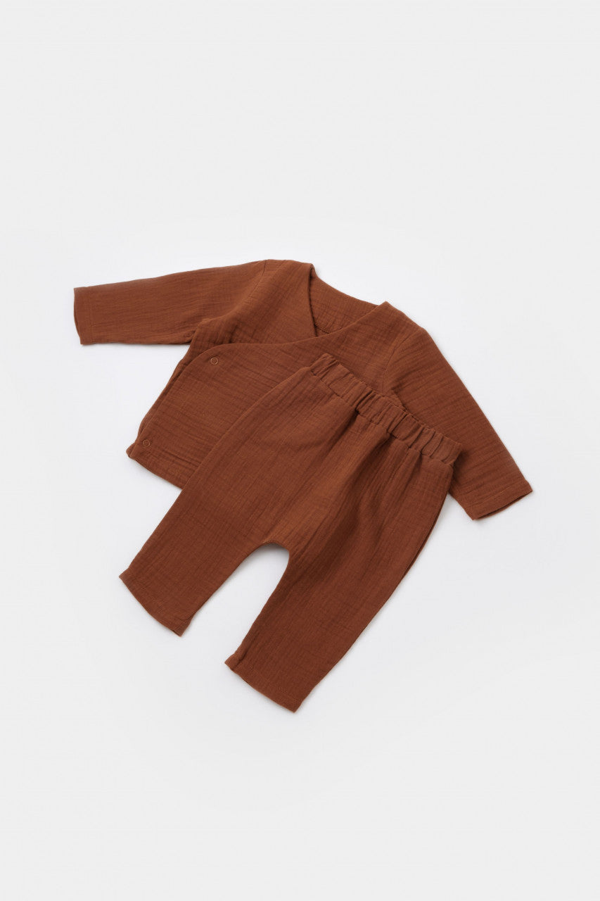 Set bluzita petrecuta si panataloni lungi din muselina, Baby Cosy, 100% bumbac organic, Caramiziu