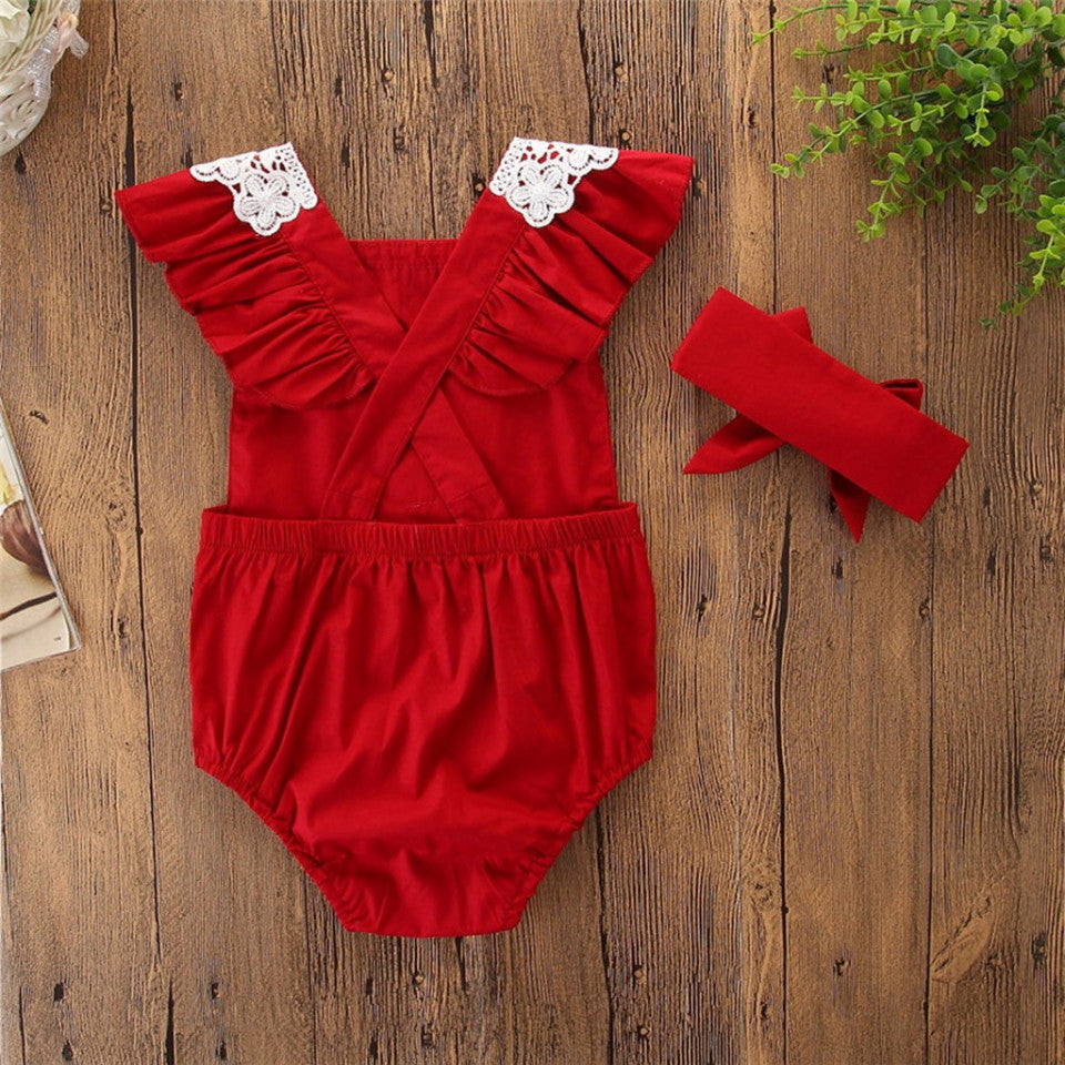 Set body rosu cu broderie si bentita