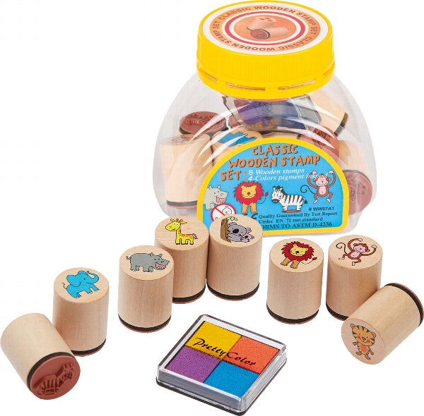 Set borcanel cu 8 stampile de lemn - Tematica animale salbatice