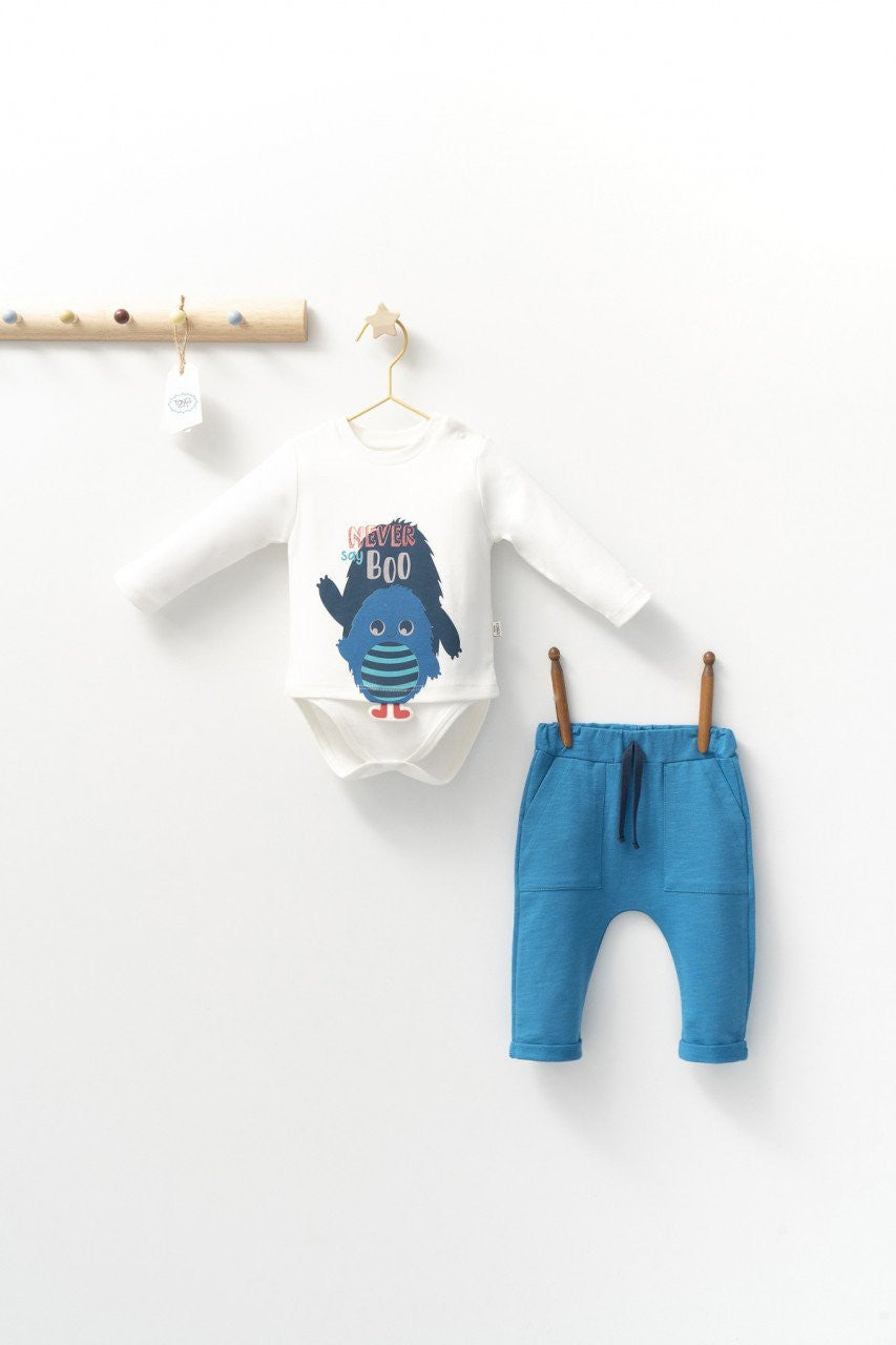 Set cu pantalonasi cu buzunare si body cu maneca lunga pentru bebelusi Monster, Tongs baby