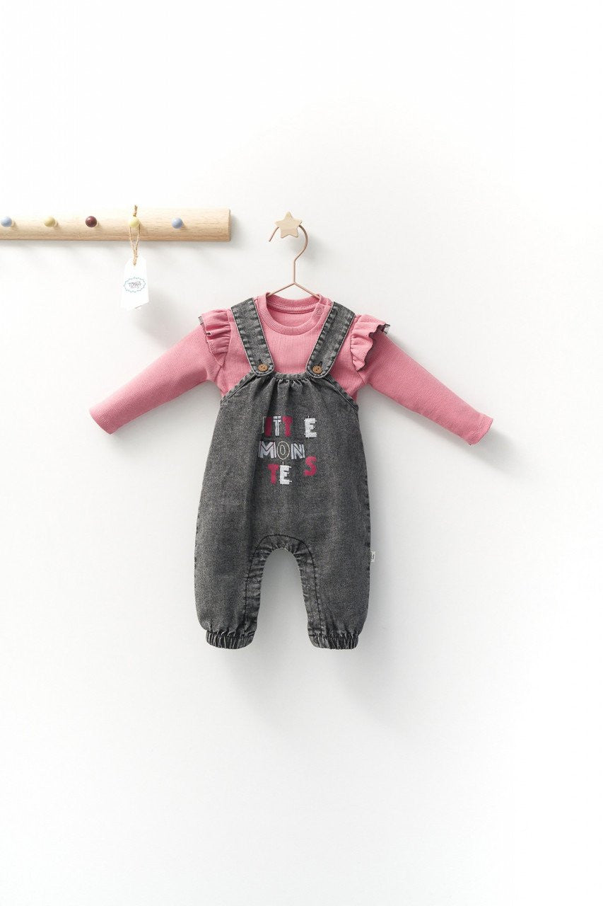 Set cu salopeta din denim si bluzita pentru bebelusi Monster, Tongs baby