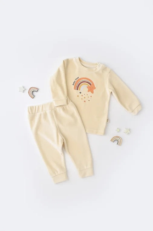 Set Curcubeu cu bluzita cu maneca lunga si panataloni lungi din 80%bumbac organic si 20% poliester - Crem, Baby Cosy