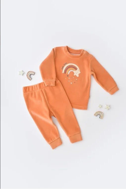 Set Curcubeu cu bluzita cu maneca lunga si panataloni lungi din 80%bumbac organic si 20% poliester - Portocaliu, Baby Cosy