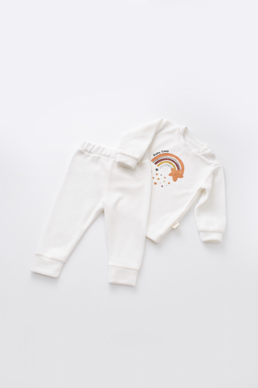 Set Curcubeu cu bluzita cu maneca lunga si panataloni lungi din 80%bumbac organic si 20% poliester - Ecru, Baby Cosy