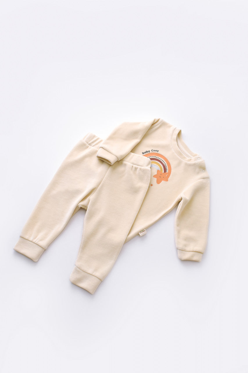 Set Curcubeu cu bluzita cu maneca lunga si panataloni lungi din 80%bumbac organic si 20% poliester - Crem, Baby Cosy