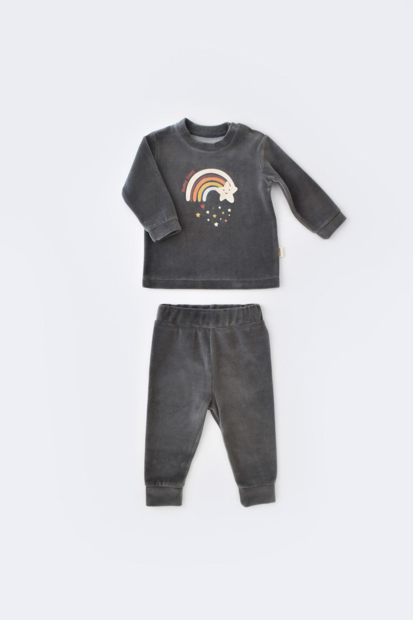 Set Curcubeu cu bluzita cu maneca lunga si panataloni lungi din 80%bumbac organic si 20% poliester - Antracit, Baby Cosy
