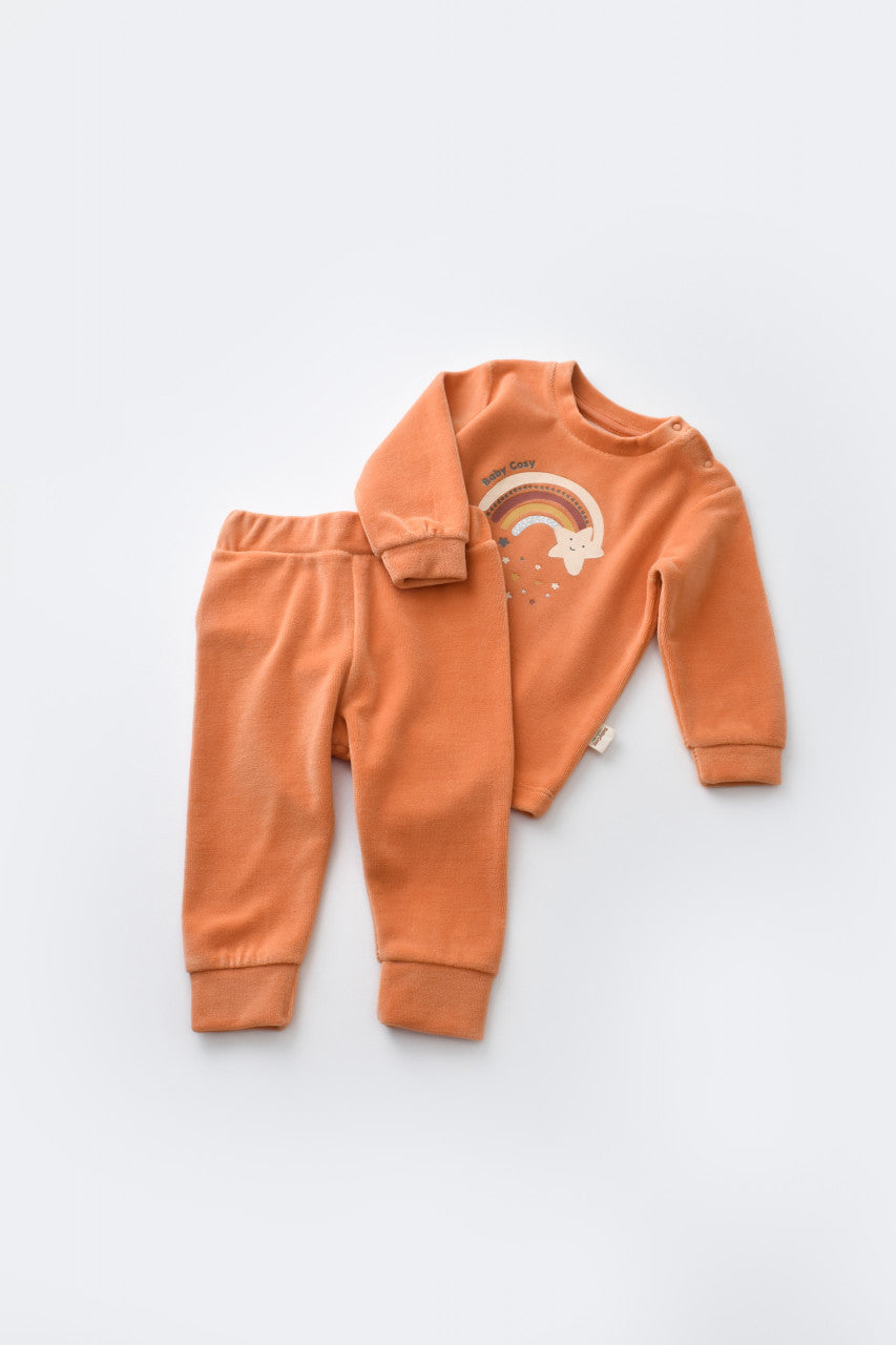 Set Curcubeu cu bluzita cu maneca lunga si panataloni lungi din 80%bumbac organic si 20% poliester - Portocaliu, Baby Cosy