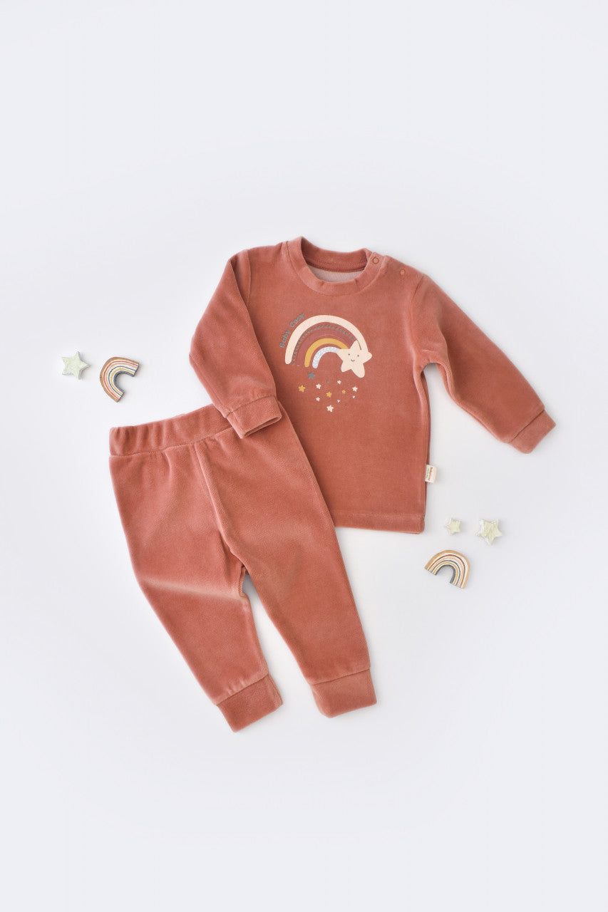 Set Curcubeu cu bluzita cu maneca lunga si panataloni lungi din 80%bumbac organic si 20% poliester - Caramiziu, Baby Cosy