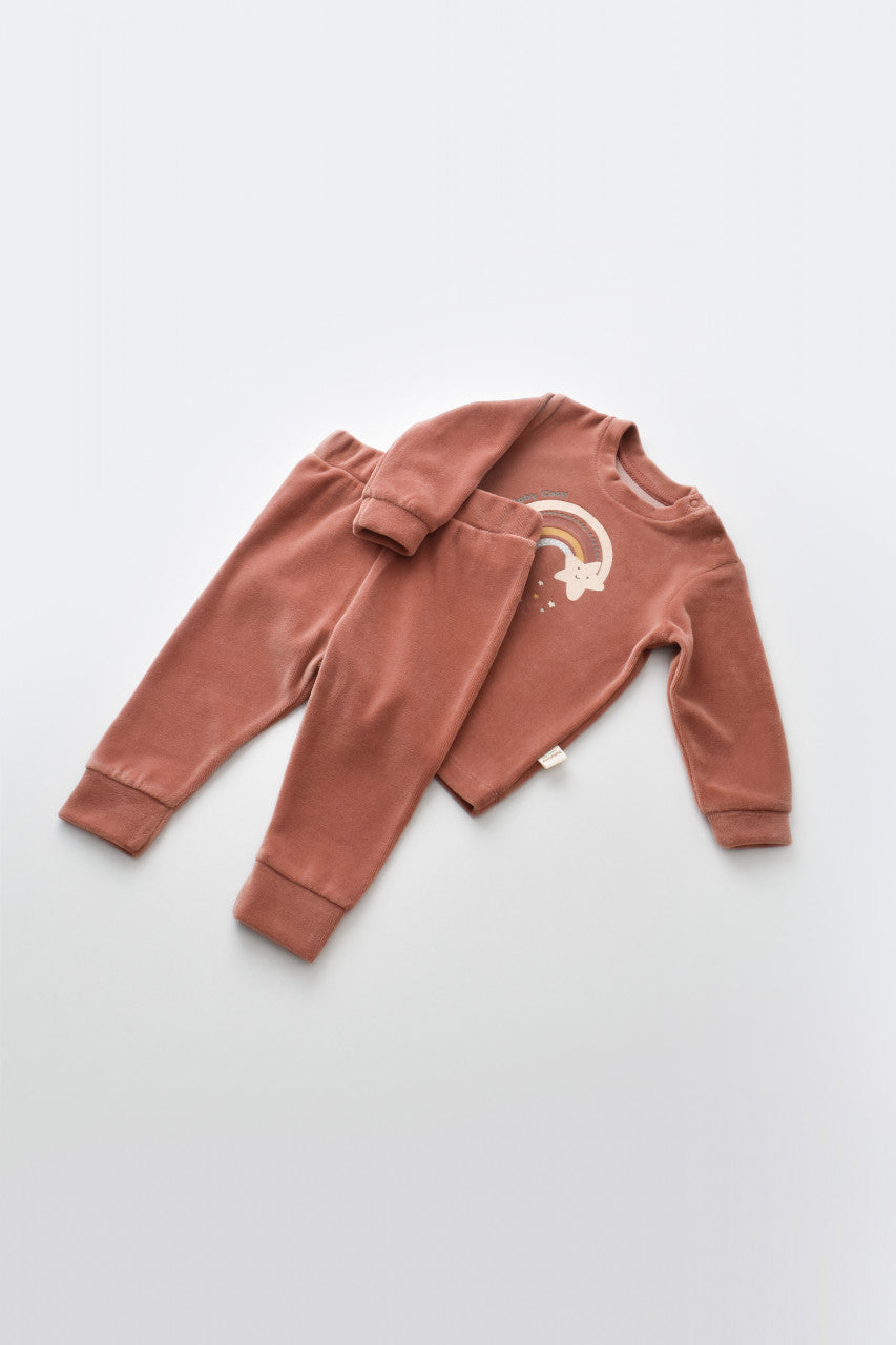Set Curcubeu cu bluzita cu maneca lunga si panataloni lungi din 80%bumbac organic si 20% poliester - Caramiziu, Baby Cosy