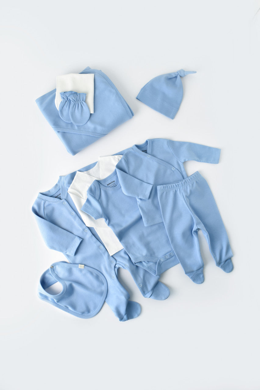 Set de 10 piese pentru nou nascut - 100% bumbac organic - Bleu, Baby Cosy