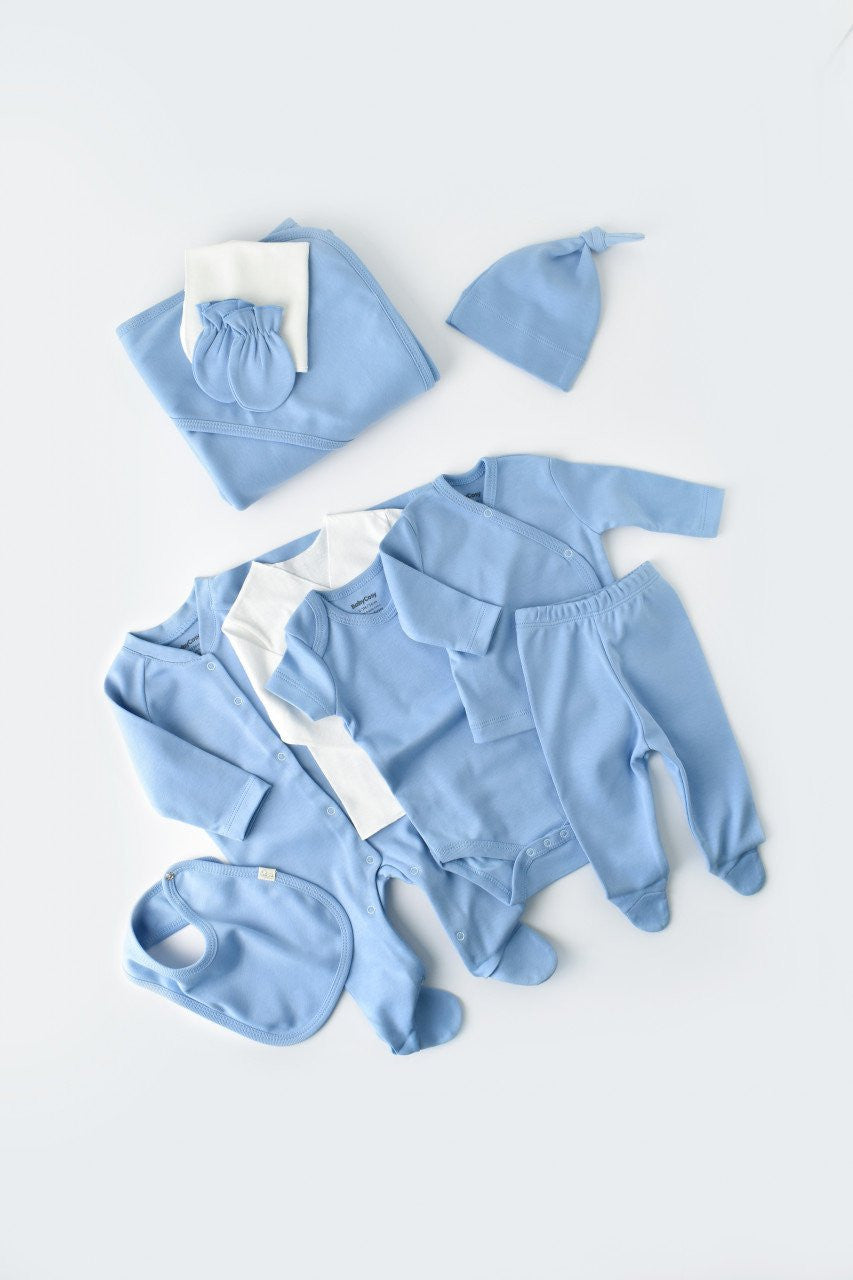 Set de 10 piese pentru nou nascut - 100% bumbac organic - Bleu, Baby Cosy
