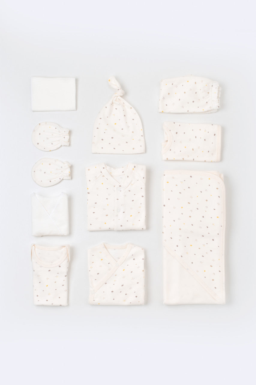 Set de 10 piese pentru nou nascut - 100% bumbac organic - Ecru cu buline, Baby Cosy