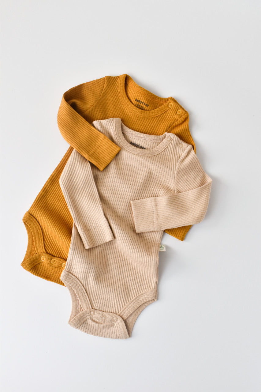 Set de 2 body-uri cu maneca lunga din bumbac organic si modal - Mustar/Somon