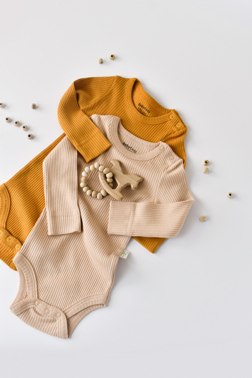 Set de 2 body-uri cu maneca lunga din bumbac organic si modal - Mustar/Somon