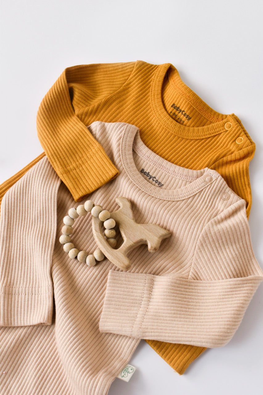 Set de 2 body-uri cu maneca lunga din bumbac organic si modal - Mustar/Somon