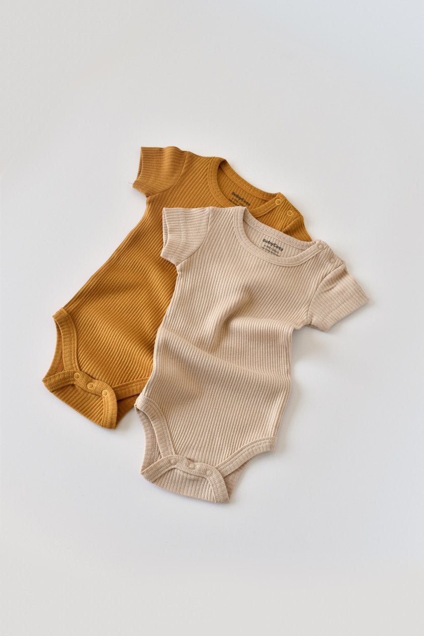 Set de 2 body-uri cu maneca scurta din bumbac organic si modal - Mustar/ Somon