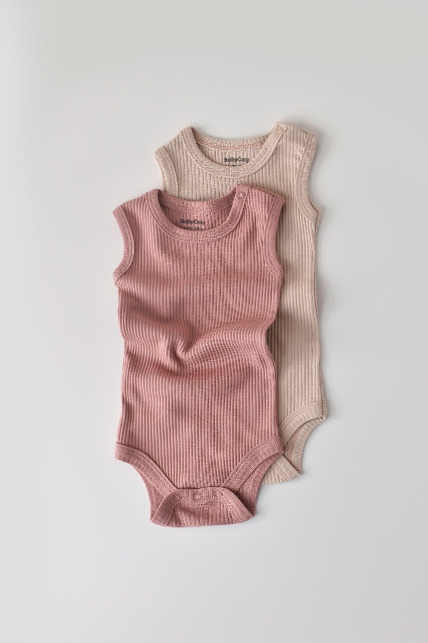 Set de 2 body-uri fara maneci din bumbac organic si modal - Roz/Blush