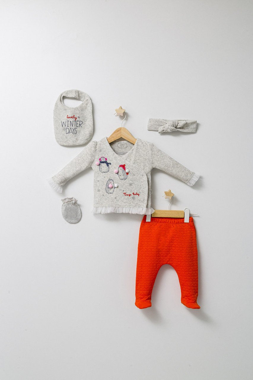 Set de iarna de 5 piese pentru nou nascut Crazy Penguins, Tongs baby
