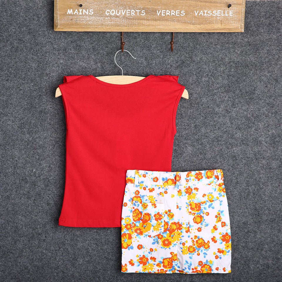 Set tricou rosu cu volanas si fusta cu floricele