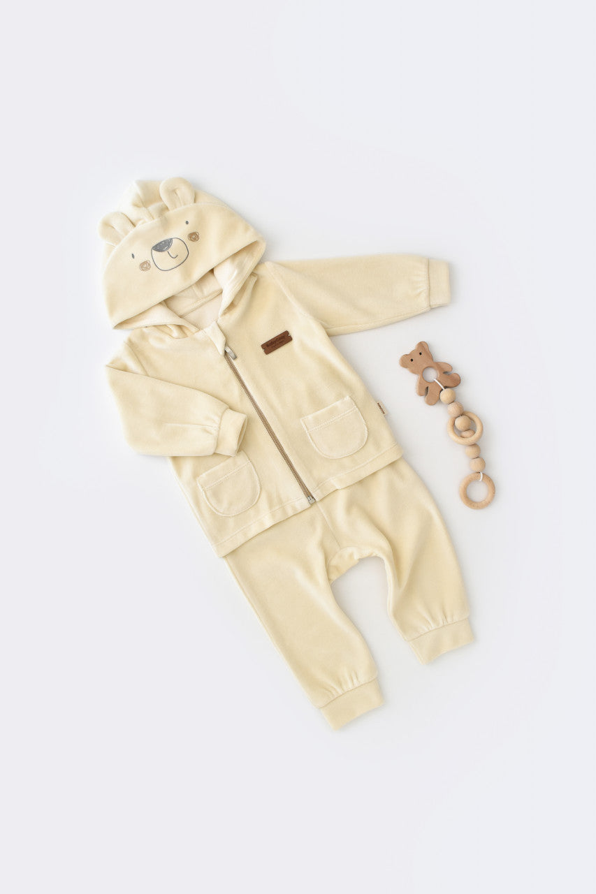 Set Ursulet cu bluzita cu fermoar si gluga si panataloni lungi din 80%bumbac organic si 20% poliester - Crem, Baby Cosy