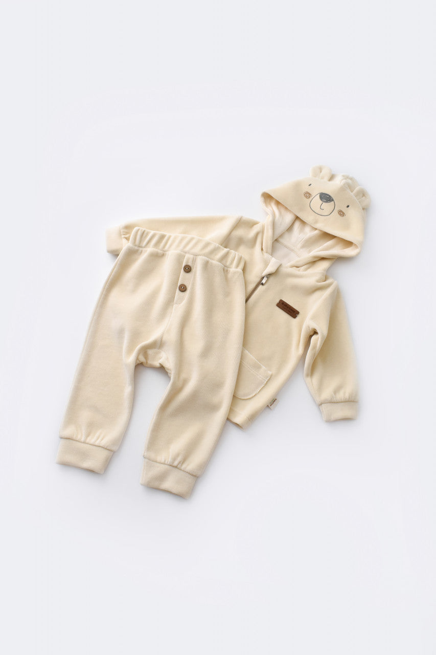 Set Ursulet cu bluzita cu fermoar si gluga si panataloni lungi din 80%bumbac organic si 20% poliester - Crem, Baby Cosy
