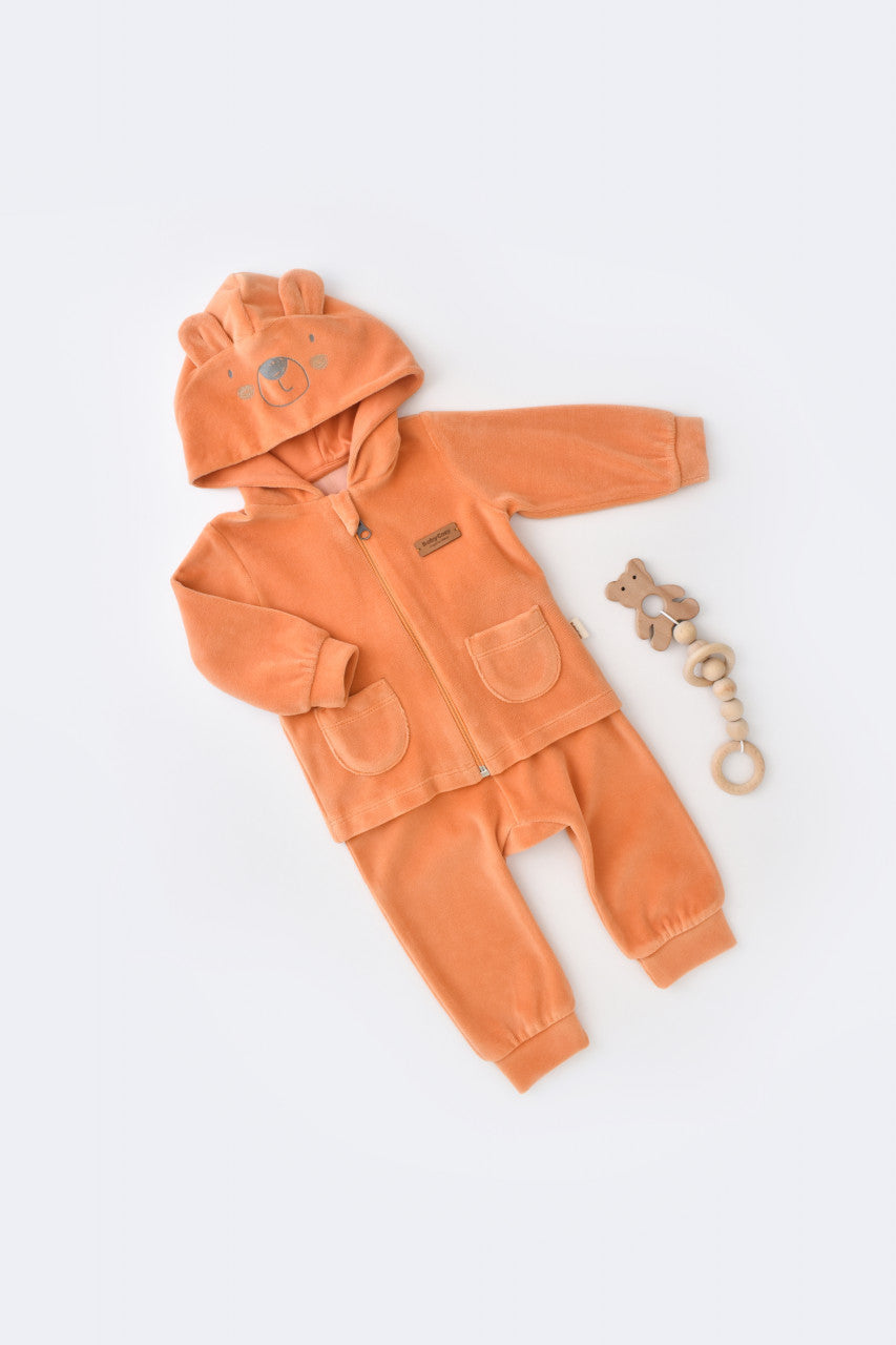 Set Ursulet cu bluzita cu fermoar si gluga si panataloni lungi din 80%bumbac organic si 20% poliester - Portocaliu, Baby Cosy
