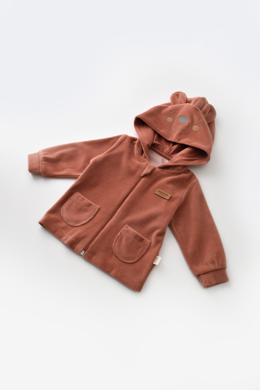 Set Ursulet cu bluzita cu fermoar si gluga si panataloni lungi din 80%bumbac organic si 20% poliester - Caramiziu, Baby Cosy