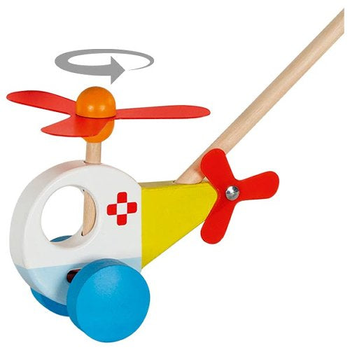 Jucarie de impins din lemn cu bat- Elicopter