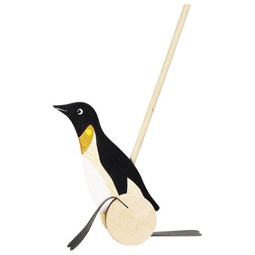 Jucarie de impins din lemn cu bat- Pinguin