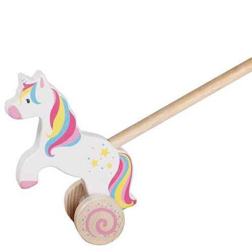 Jucarie de impins din lemn cu bat-Unicorn