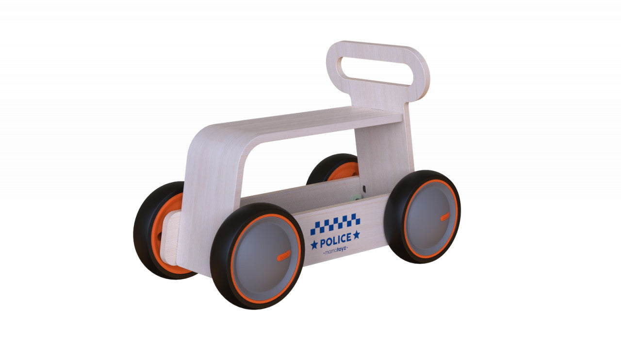 Masinuta ride-on, premergator si carucior de jucarii MamaToyz DriveMe Wood, Politie - Jucarie din lemn 3 in 1