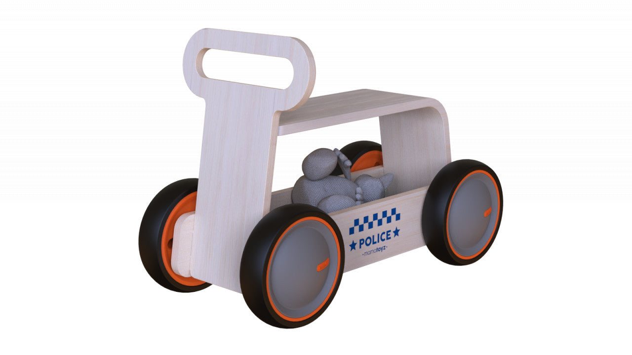 Masinuta ride-on, premergator si carucior de jucarii MamaToyz DriveMe Wood, Politie - Jucarie din lemn 3 in 1