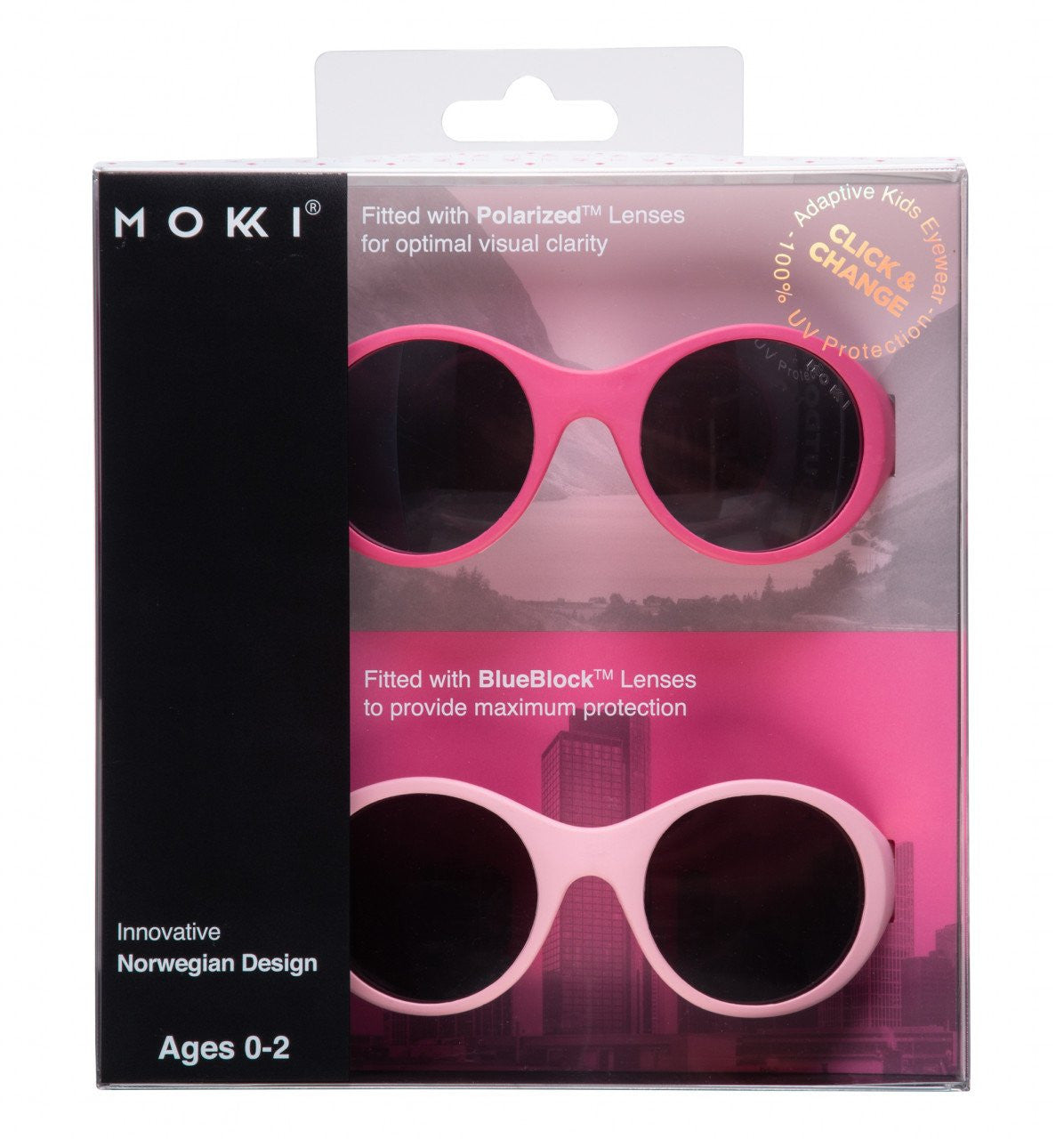 Set 2 ochelari copii Click & Change, roz, 0-2 ani, Mokki