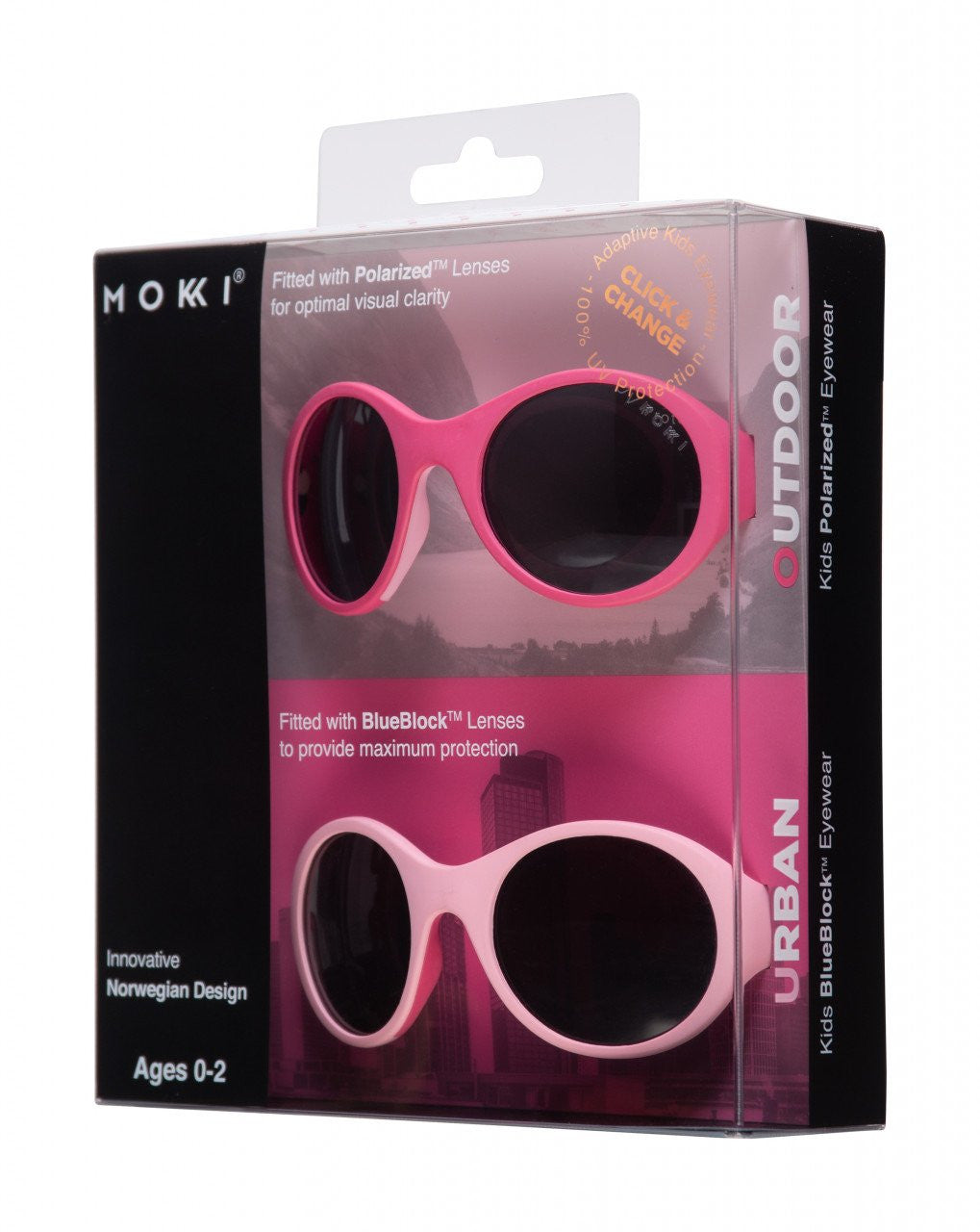 Set 2 ochelari copii Click & Change, roz, 0-2 ani, Mokki