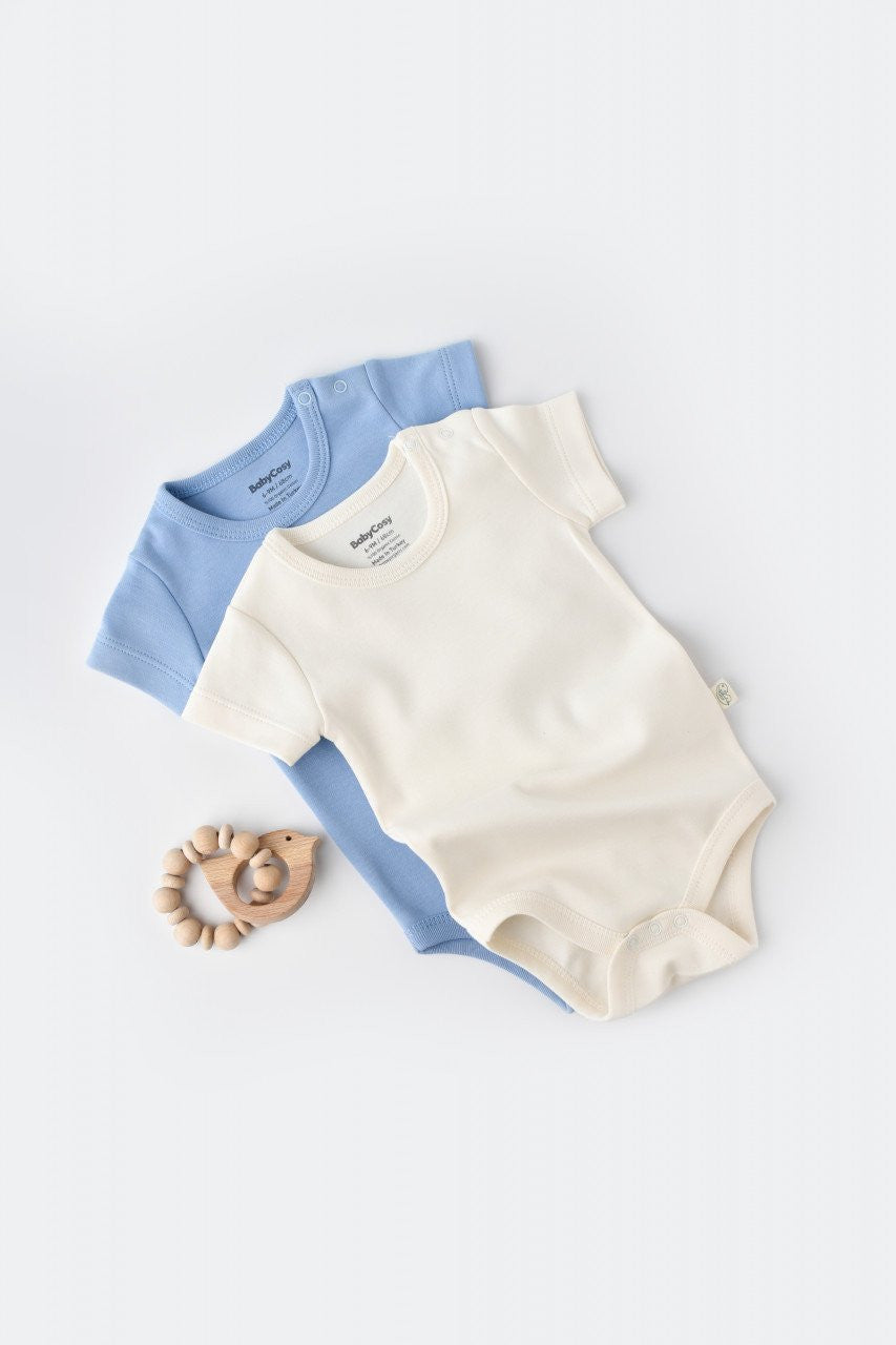 Set 2 body-uri bebe unisex -100% bumbac organic - Ecru/Bleu, Baby Cosy