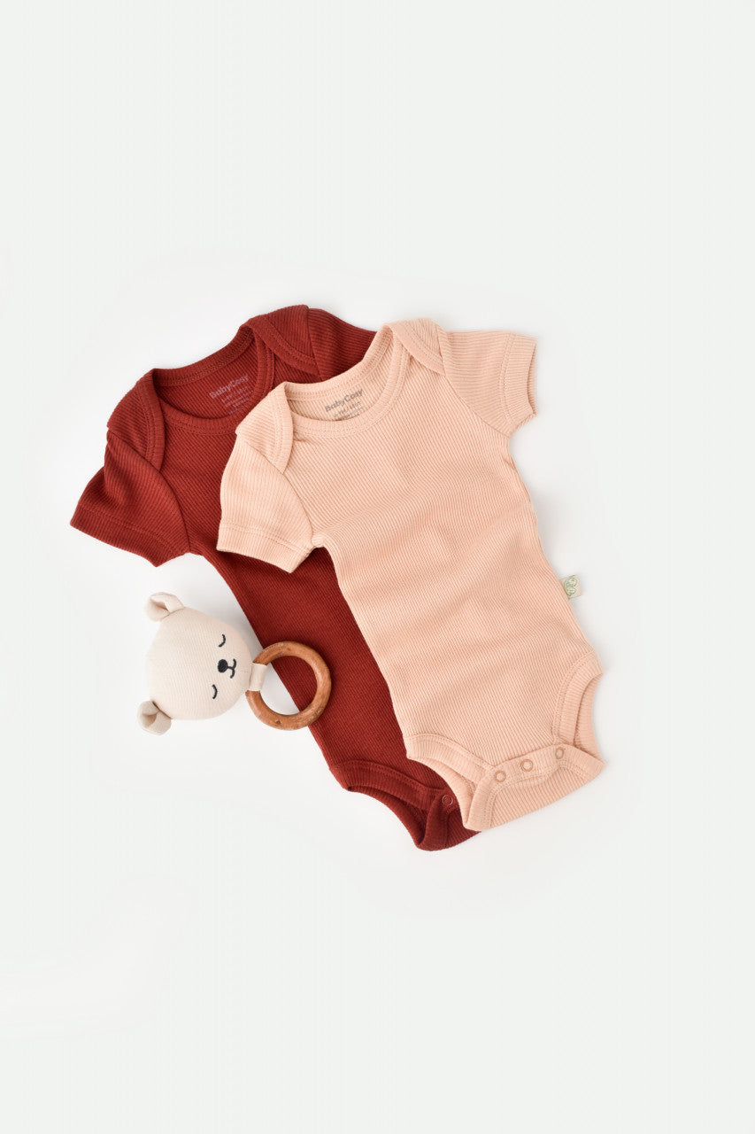 Set 2 body-uri bebe unisex din bumbac organic si modal - Caramiziu/Somon, Baby Cosy