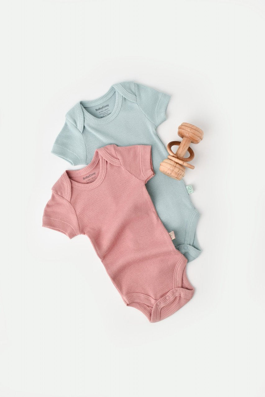 Set 2 body-uri bebe unisex din bumbac organic si modal - Mint/Rose, Baby Cosy