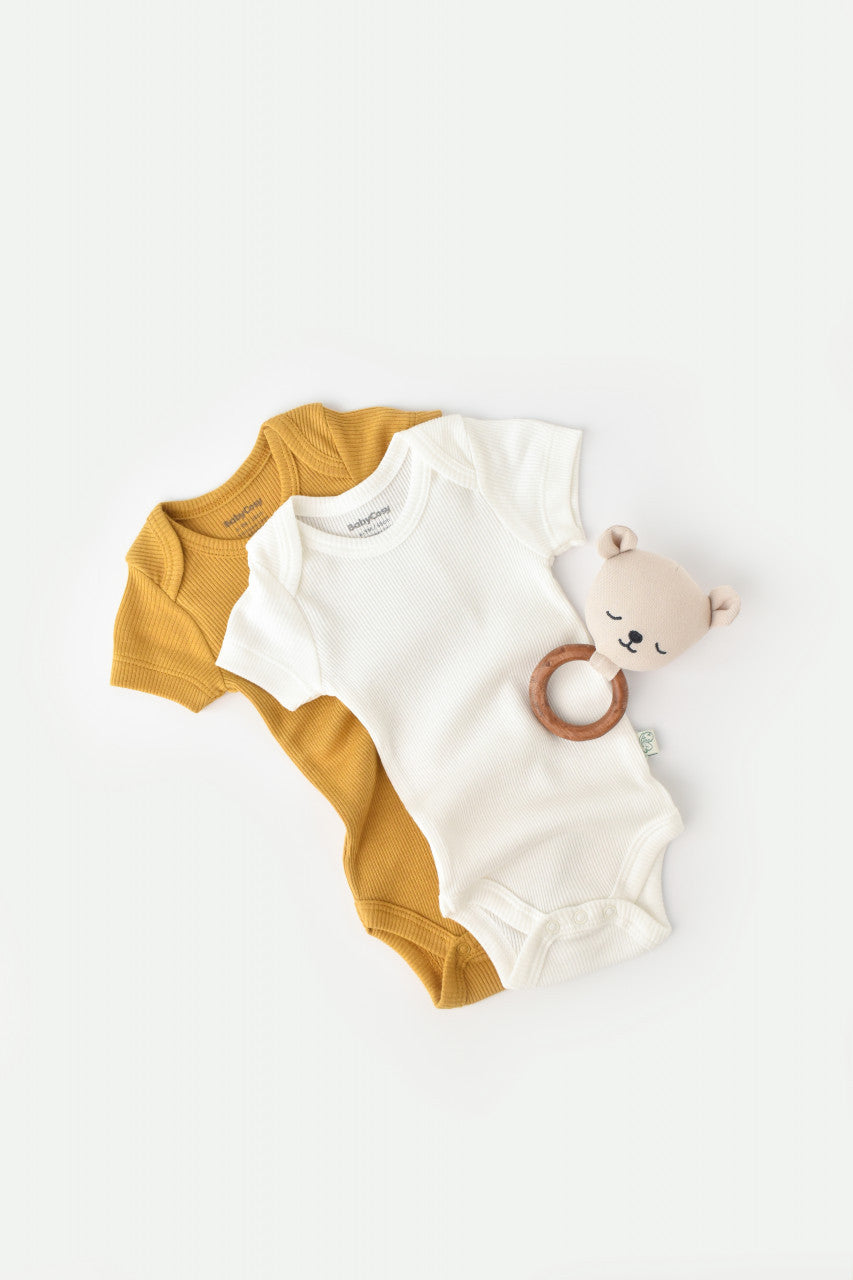 Set 2 body-uri bebe unisex din bumbac organic si modal - Mustar/Ecru, Baby Cosy