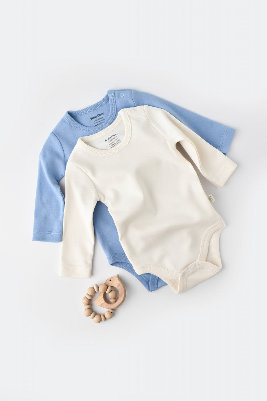 Set 2 body-uri cu maneca lunga bebe unisex -100% bumbac organic - Ecru/Bleu, Baby Cosy