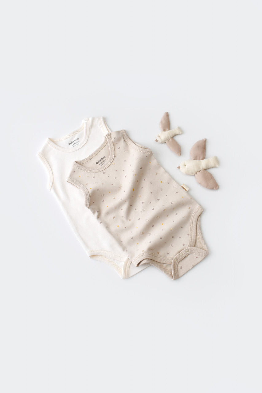 Set 2 body-uri fara maneci bebe unisex -100% bumbac organic - Crem cu buline, Baby Cosy