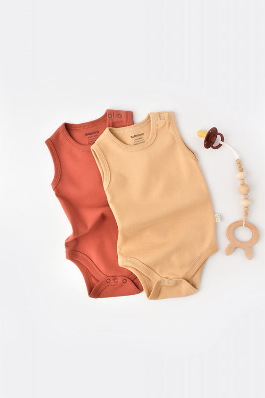 Set 2 body-uri fara maneci bebe unisex -100% bumbac organic - Mustar/ Scortisoara, Baby Cosy